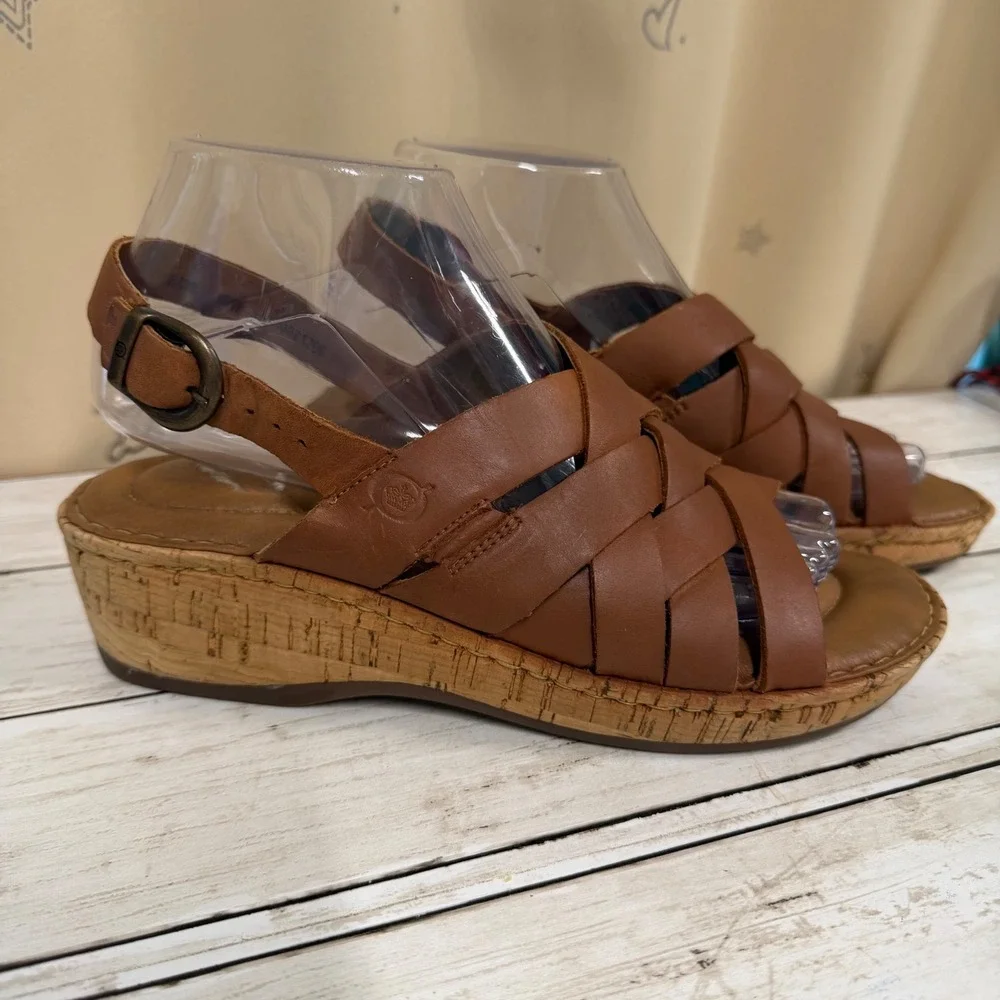 Born Wedge Sandals Womens 8 Brown Leather Strappy Woven Cork Slingback F01206